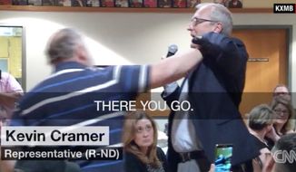 Two men who got into a heated confrontation during a North Dakota town hall for Republican Rep. Kevin Cramer had to be escorted from the event Thursday afternoon. (KXMB via CNN)