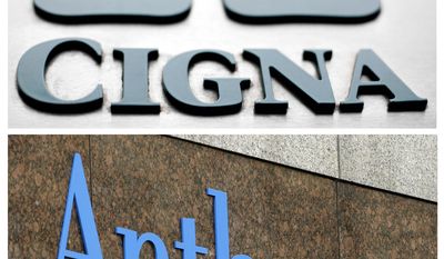FILE - This combo of file photos shows signage for health insurers Cigna Corp., and Anthem Inc. Anthem is finally ending its soured, $48 billion bid to buy rival Cigna, but the nation&#39;s second-largest health insurer isn&#39;t giving up a fight over whether Cigna deserves a termination fee for the scrapped deal. Anthem says Cigna sabotaged the merger agreement and caused &amp;quot;massive damages&amp;quot; for Anthem, which provides Blue Cross-Blue Shield coverage in several states. (AP Photo/File)