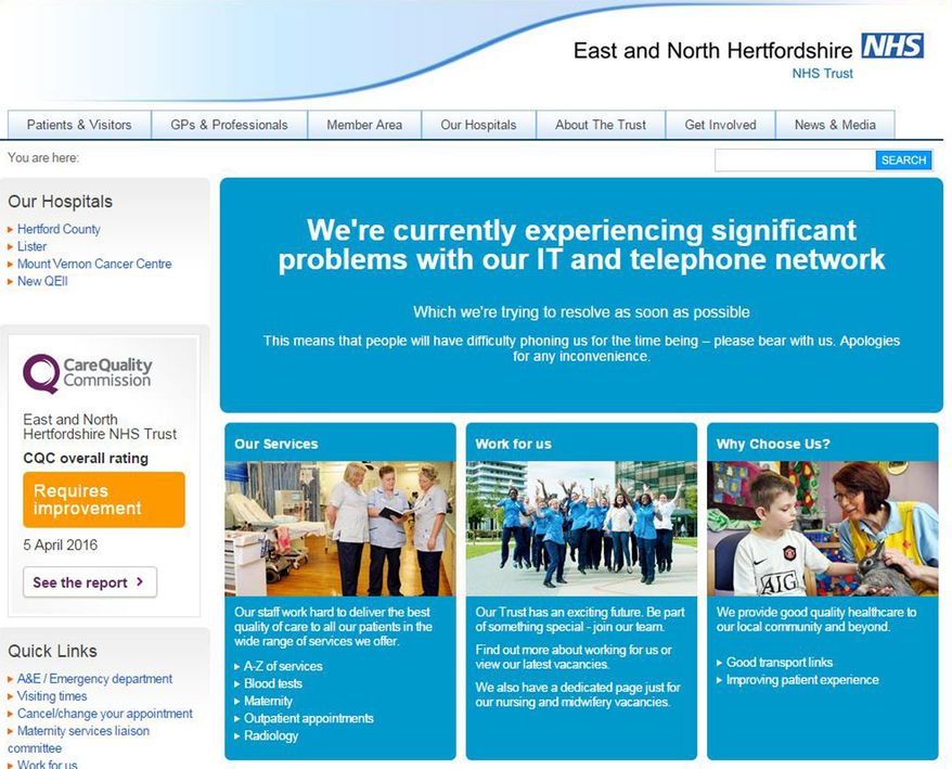This is screengrab taken from the website of the East and North Hertfordshire NHS trust as Britain's National Health Service is investigating "an issue with IT" Friday May 12, 2017. Several British hospitals say they are having major computer problems Hospitals in London, northwest England and other parts of the country are reporting problems with their computer systems as the result of an apparent cyberattack,.(PA via AP)