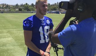 Los Angeles Rams receiver Cooper Kupp, left, participates in an team interview after practice at NFL football rookie minicamp in Thousand Oaks, Calif., Friday, May 12, 2017. Kupp hopes to make a strong impression after joining the Rams as a third-round pick from Eastern Washington. (AP Photo/Greg Beacham)