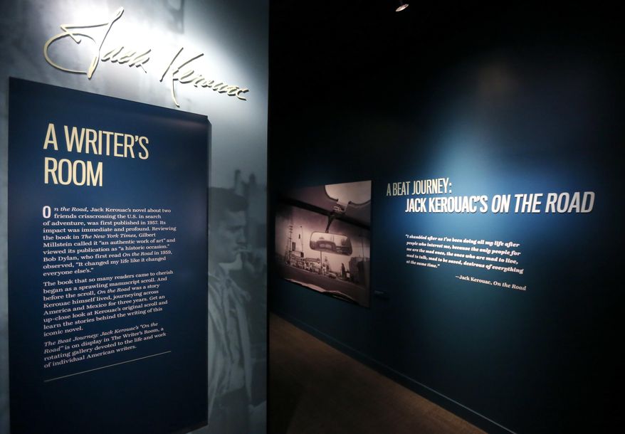 This Monday, May 8, 2017 photo, shows the entrance to the Writer' Room, where Jack Kerouac's "On the Road" manuscript, the extraordinary 120-foot scroll, sits on display at the American Writers Museum in Chicago. (AP Photo/Charles Rex Arbogast)