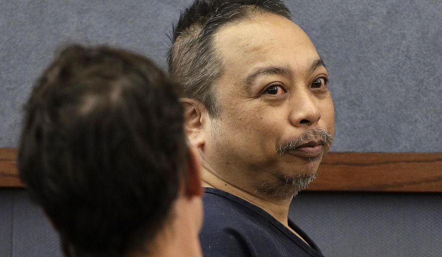 FILE- In this March 29, 2017, file photo Rolando Cardenas makes an initial court appearance in Las Vegas, Nev. Cardenas was found mentally unfit to face criminal charges Friday, May 12, 2017, in the killing of a tourist from Montana and the wounding of another man in a shooting on a double-decker bus on the Las Vegas Strip. (AP Photo/John Locher, File)