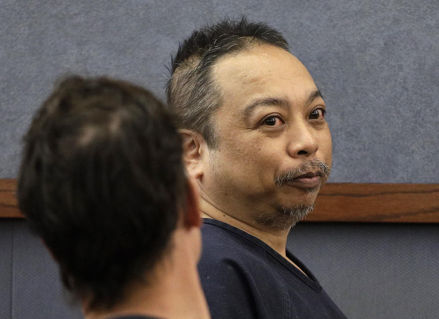 FILE- In this March 29, 2017, file photo Rolando Cardenas makes an initial court appearance in Las Vegas, Nev. Cardenas was found mentally unfit to face criminal charges Friday, May 12, 2017, in the killing of a tourist from Montana and the wounding of another man in a shooting on a double-decker bus on the Las Vegas Strip. (AP Photo/John Locher, File)