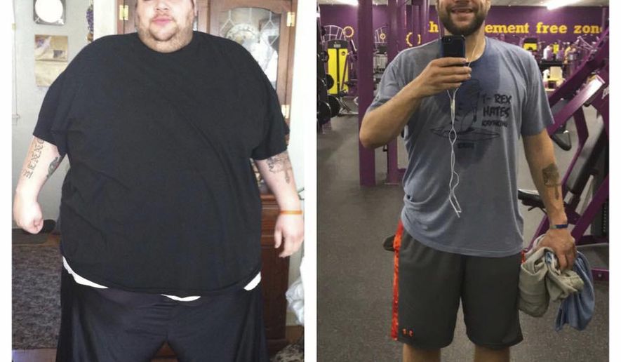 In this combination photo of images provided by Ronnie Brower, Brower is seen before and after losing 458 pounds. For four years Brower dieted and worked out three hours a day. His efforts earned him the admiration of a woman who was on her own weight loss journey. The couple who lost a combined total of 570 pounds plan to wed on Saturday, May 13, 2017. (Ronnie Bower via AP)