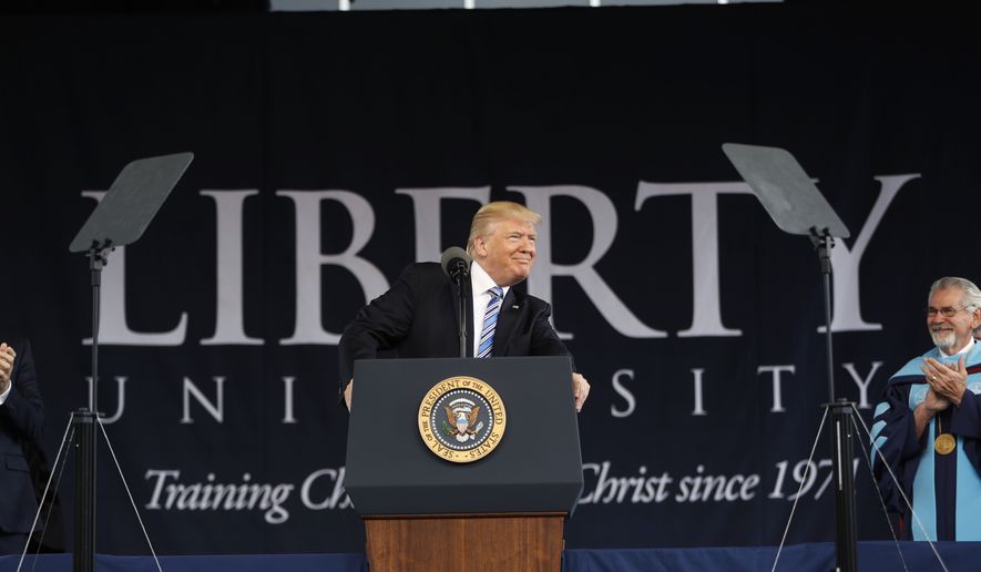 President Donald Trump gives the commencement address for the Class of 2017 at Liberty University in Lynchburg, Va., Saturday, May 13, 2017. (AP Photo/Pablo Martinez Monsivais)