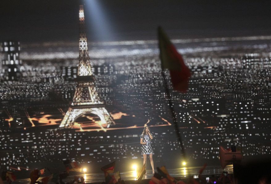 Alma from France performs the song "Requiem" during the Final for the Eurovision Song Contest, in Kiev, Ukraine, Saturday, May 13, 2017. (AP Photo/Efrem Lukatsky)