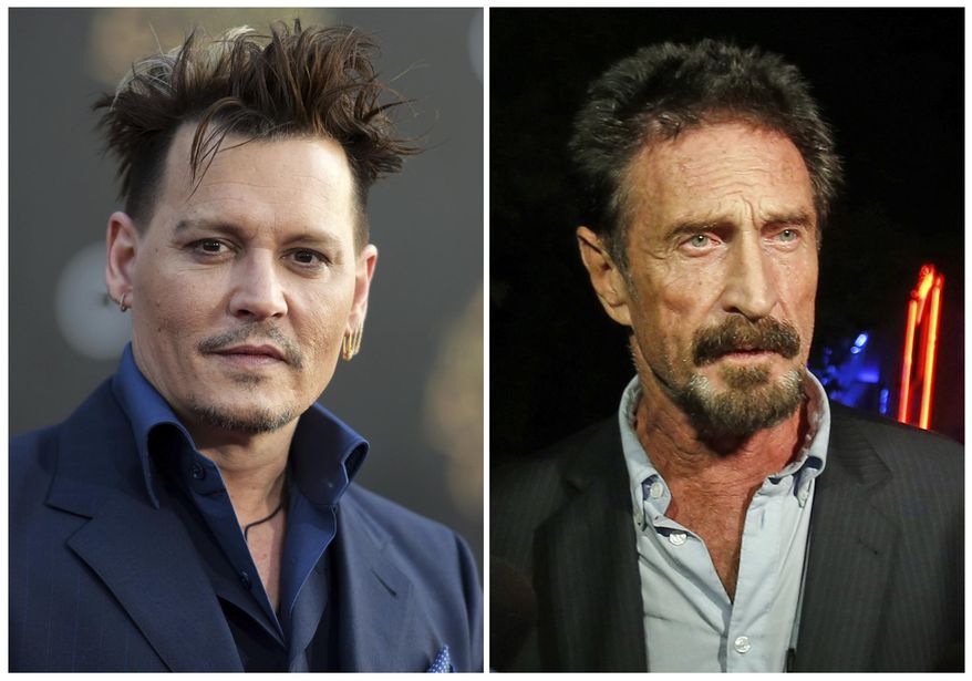 In this combination photo, actor Johnny Depp, left, appears at the premiere of &amp;quot;Alice Through the Looking Glass&amp;quot; on May 23, 2016, in Los Angeles. and anti-virus software founder John McAfee appears in the South Beach area of Miami Beach, Fla., on Dec 12, 2012 after being deported from Guatemala, where he had sought refuge to evade police questioning in the killing of a man in neighboring Belize. Depp is set to star in “King of the Jungle,” a dark comedy about McAfee, the eccentric inventor of McAfee Antivirus software. Condé Nast Entertainment said Sunday, May 14, 2017, that the story is based on a Wired magazine article about the tech titan who left the business to live an isolated existence in the Belize jungle.  (AP Photo/Alan Diaz, right, and Richard Shotwell/Invision/AP, File)