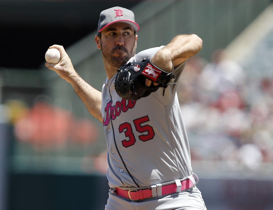 Detroit Tigers starting pitcher Justin Verlander throws to the plate against the Los Angeles Angels during the first inning of a baseball game in Anaheim, Calif., Sunday, May 14, 2017. (AP Photo/Alex Gallardo)