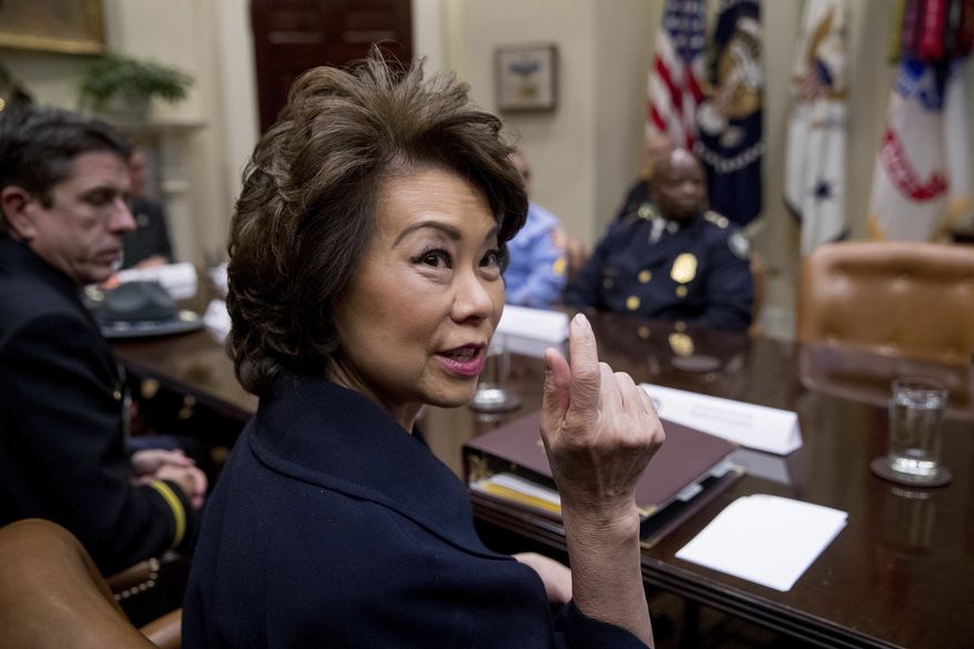 FILE - In this April 13, 2017 file photo, Transportation Secretary Elaine Chao speaks in the Roosevelt Room in the White House in Washington. Chao said Monday, May 15, 2017, that the Trump administrations infrastructure plan will be out in a few weeks and include $200 billion in taxpayer money. (AP Photo/Andrew Harnik, File)