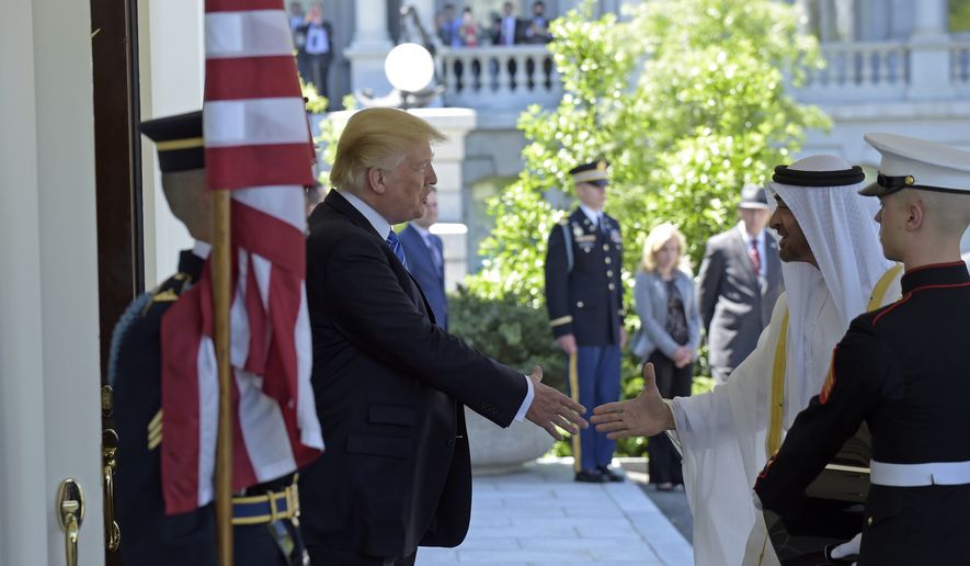 President Donald Trump welcomes Abu Dhabi&#39;s Crown Prince Sheikh Mohammed bin Zayed Al Nahyan to the White House in Washington, Monday, May 15, 2017. (AP Photo/Susan Walsh)