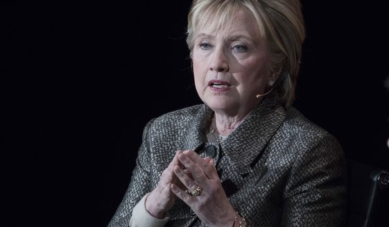 In this photo taken April 6, 2017, former Secretary of State Hillary Clinton speaks in New York. Hillary Clinton is launching a new political organization. The former Democratic presidential nominee unveiled “Onward Together.” The organization, whose name is a riff of her campaign theme, “Stronger Together,” aims to empower Democrats and liberal groups that are building a network of candidates in the 2018 mid-terms to oppose President Donald Trump. (AP Photo/Mary Altaffer)