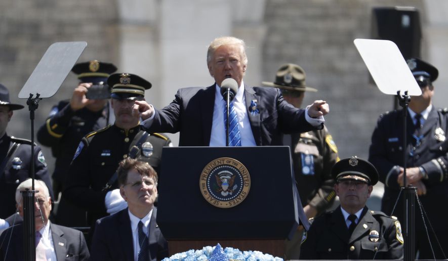 President Donald Trump speaks at the 36th Annual National Peace Officers&#39; memorial service, Monday, May 15. 2017, on Capitol Hill in Washington. (AP Photo/Pablo Martinez Monsivais)