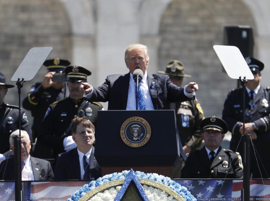 President Donald Trump speaks at the 36th Annual National Peace Officers&#39; memorial service, Monday, May 15. 2017, on Capitol Hill in Washington. (AP Photo/Pablo Martinez Monsivais)