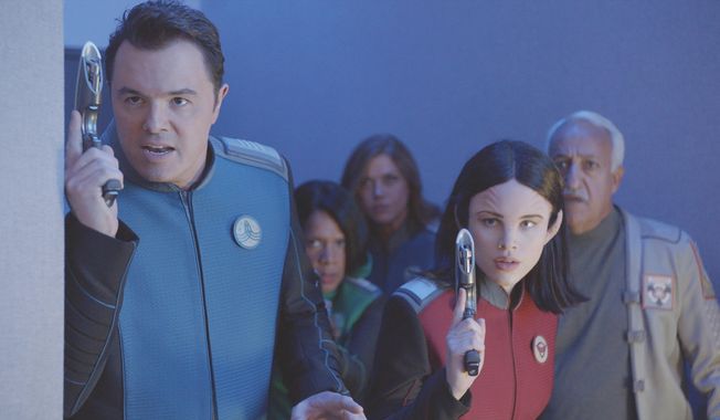 This image provided by Fox shows Seth MacFarlane, from left, Penny Johnson Jerald, Adrianne Palicki, Halston Sage and guest star Brian George in a scene from &amp;quot;The Orville&amp;quot;. Fox said Monday, May 15, 2017, its schedule will include the new space adventure starring and produced by MacFarlane. The series is set 400 years ahead and follows the adventures of an exploratory spaceship. (Fox via AP)