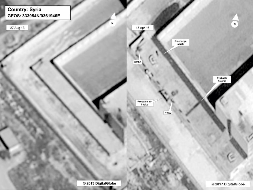This image provided by the State Department and DigitalGlobe, taken Aug.18, 2013, a satellite image of what the State Department described as a building in a prison complex in Syria that was modified to support a crematorium. The Trump administration accused the Syrian government of carrying out mass killings of thousands of prisoners and burning the dead bodies in a large crematorium outside the capital. It also stepped up criticism of Iran and Russia for supporting the Syrian government. (State Department/DigitalGlobe via AP)