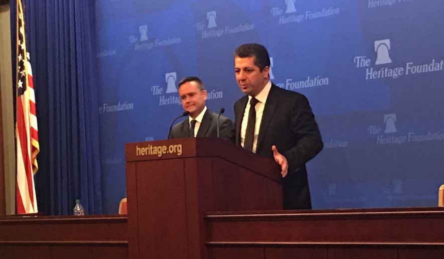 Masrour Barzani, Chancellor of the Kurdish Region Security Council, speaks at the Heritage Foundation in Washington, D.C. on Tuesday. The Chancellor is in the capitol to discuss ongoing cooperation between the
Kurdistan Regional Government and the United States. (Laura Kelly)
