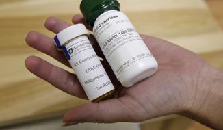 This Sept. 22, 2010 file photo shows bottles of the abortion-inducing drug RU-486 in Des Moines, Iowa. A new study published Tuesday, May 16, 2017, shows medical abortions done at home with online help and pills sent by mail appear to be just as safe as those done at a clinic. The research tracked 1,000 women in Ireland and Northern Ireland, who used a website to get abortion pills by mail and get around strict abortion laws. (AP Photo/Charlie Neibergall) **FILE**