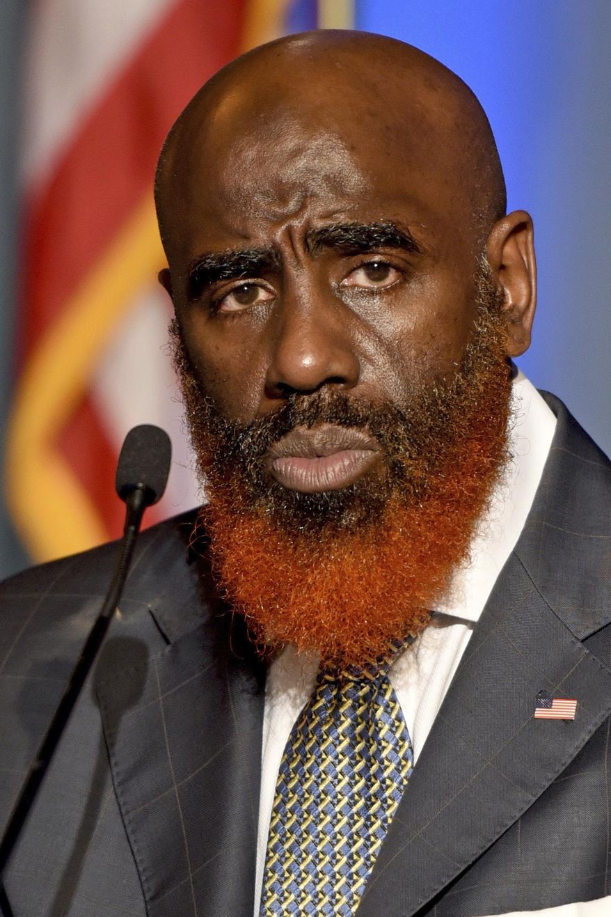 In this April 26, 2017 photo shown is Democrat candidate for Philadelphia District Attorney Tariq El-Shabazz appearing in a debate sponsored by WHYY and the NAACP in Philadelphia. The typically sedate race for Philadelphia District Attorney has become an intriguing contest this year as eight newcomers vie for a job that helps shape city policy on sanctuary cities, police use of force and prison reform. They hope to succeed Democrat Seth Williams, who goes on trial next month in a federal bribery case. (Tom Gralish/The Philadelphia Inquirer via AP)