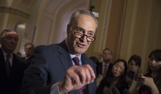 Senate Minority Leader Charles Schumer of N.Y. reacts to questions from reporters about President Donald Trump reportedly sharing classified information with two Russian diplomats during a meeting in the Oval Office, Tuesday, May 16, 2017, on Capitol Hill in Washington. (AP Photo/J. Scott Applewhite)