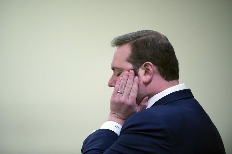 Defense attorney Richard Fushino Jr. reacts during the trial of David "D.J." Creato Jr., May 17, 2017, in Camden, N.J. Creato is accused of killing his 3-year-old son in October 2015. (Joe Lamberti/Camden Courier-Post via AP, Pool)