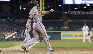 Baltimore Orioles&#39; Chris Davis watches his two-run home run during the 13th inning of a baseball game against the Detroit Tigers, Wednesday, May 17, 2017, in Detroit. (AP Photo/Carlos Osorio)