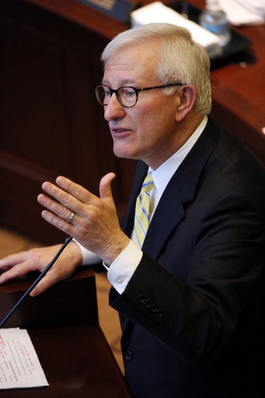 Former Gov. Ronnie Musgrove tells the Mississippi Supreme Court in Jackson, Miss., that they should hold lawmakers to their word to spend a certain amount on schools during oral arguments Wednesday, May 17, 2017, in an appeal of a lawsuit brought by 21 school districts. Musgrove, also demanded the state pay $236 million for shorting the districts between 2010 and 2015. The districts also want judges to order the Legislature to never underfund the formula again. (AP Photo/Rogelio V. Solis)