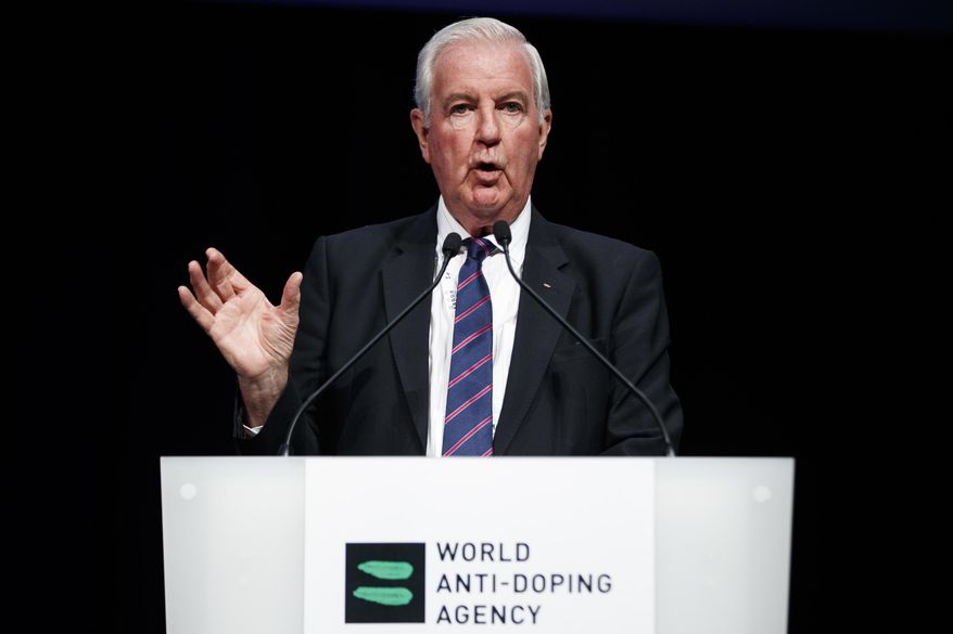 FILE - In this March 13, 2017, file photo, Craig Reedie, president of the world anti-doping agency (WADA), delivers his speech during the opening day of the 2017 WADA annual symposium in Lausanne, Switzerland. On Thursday, May 18, a bit over a year after The New York Times revealed the sordid specifics of a doping scandal that pervaded Russia’s Olympic team, the World Anti-Doping Agency’s governing board meets. (Valentin Flauraud/Keystone via AP, File)