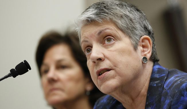 FILE - In this Tuesday, May 2, 2017, file photo, Janet Napolitano, right, responds to a question, as Monica Lozano, chair of the UC Board of Regents, left, looks on while appearing before a Joint Legislative Audit Committee in Sacramento, Calif. State Auditor Elaine Howle is expected to brief the UC Regents Thursday, May 18, 2017, on findings that UC administrators hid $175 million in a secret reserve fund and that the president’s office interfered with the audit process. Napolitano denied her office improperly stashed money. (AP Photo/Rich Pedroncelli, File)