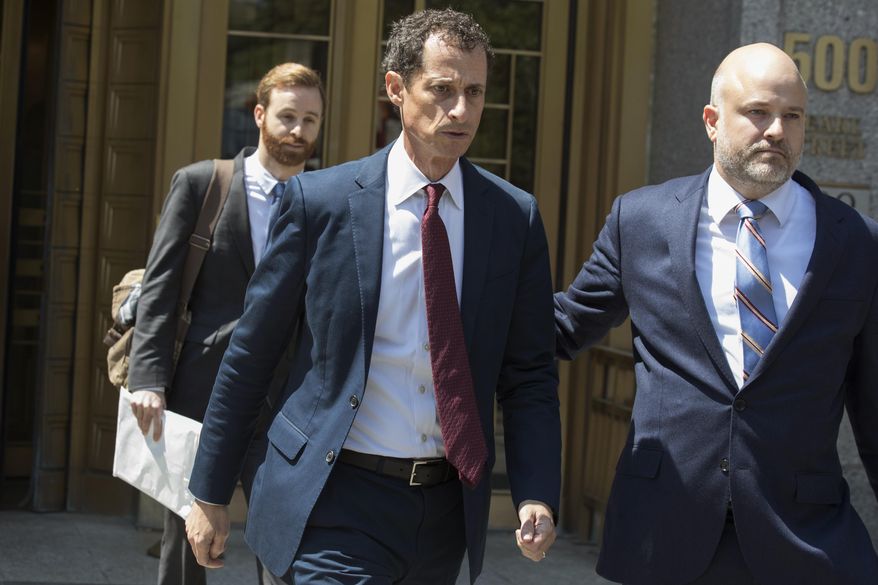 Former U.S. Rep. Anthony Weiner leaves Federal court, Friday, May 19, 2017, in New York. Weiner pleaded guilty to a charge of transmitting sexual material to a minor and could get years in prison. (AP Photo/Mary Altaffer)
