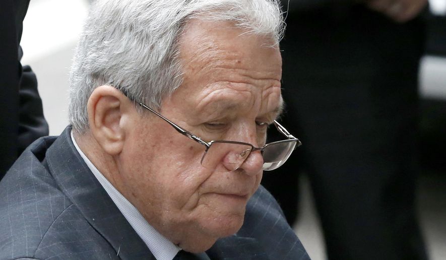 FILE - In this April 27, 2016, file photo, former House Speaker Dennis Hastert, who is is serving a 15-month prison term in a sexual abuse case, departs the federal courthouse in Chicago. Illinois is set to eliminate the statute of limitations in child sex abuse cases through legislation passed with support from a victim of imprisoned former U.S. Rep. Hastert. The Illinois House unanimously approved the measure on Thursday, May 18, 2017, sending it to a supportive Gov. Bruce Rauner. (AP Photo/Charles Rex Arbogast, File)