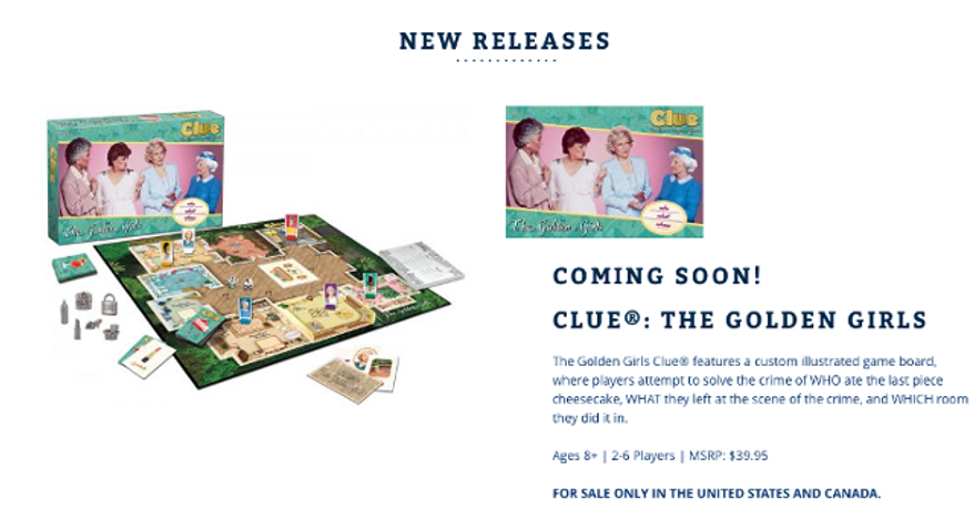 A screen capture from USAopoly.com promoting their upcoming "Golden Girls" edition of the classic board game "Clue."