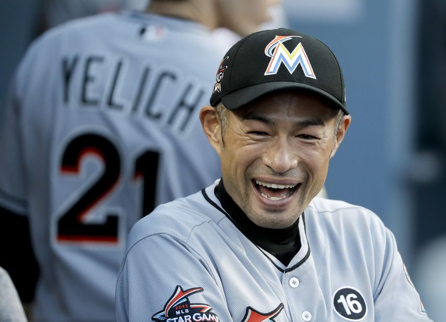 Miami Marlins right fielder Ichiro Suzuki, of Japan, smiles in the dugout before the team's baseball game against the Los Angeles Dodgers in Los Angeles, Thursday, May 18, 2017. (AP Photo/Chris Carlson)