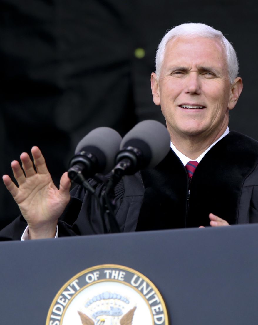 Vice President Michael Pence speaks at the commencement ceremony at Grove City College, Saturday, May 20, 2017, in Grove City, Pa.(AP Photo/Keith Srakocic)