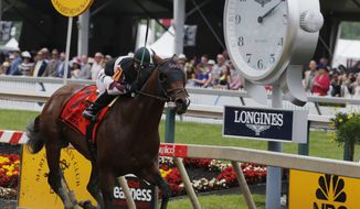 Recruiting Ready with Horacio Karamanos aboard wins the Chick Lang Stakes race ahead of the running of the Preakness Stakes horse race at Pimlico race course, Saturday, May 20, 2017, in Baltimore. (AP Photo/Garry Jones)