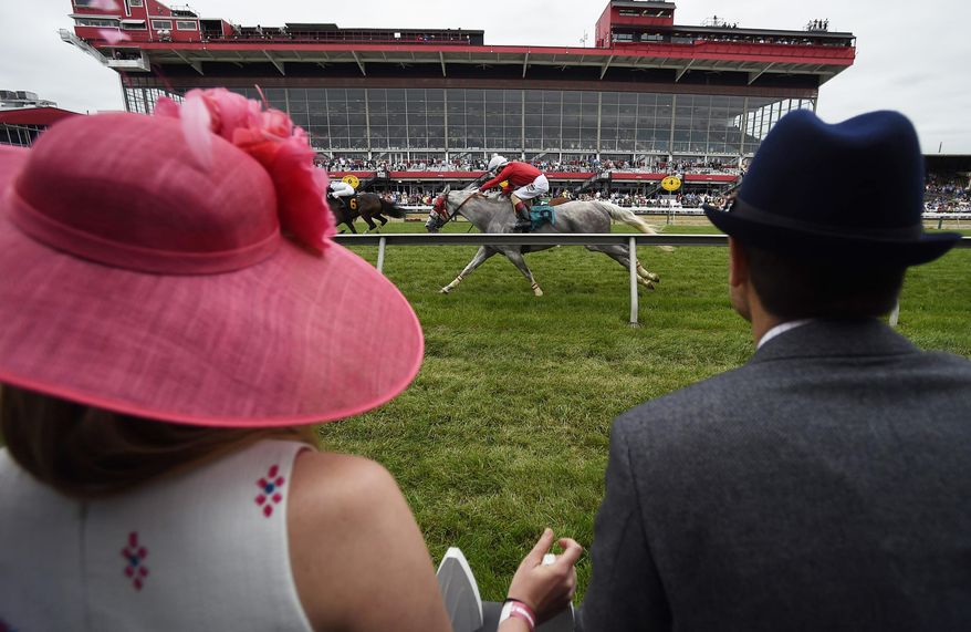 Katie Crammer and Zach Crammer of Maryland, watch the third race at the track ahead of the running of the Preakness Stakes horse race at Pimlico race course, Saturday, May 20, 2017, in Baltimore. The 142nd Preakness Stakes horse race runs Saturday. (AP Photo/Mike Stewart)