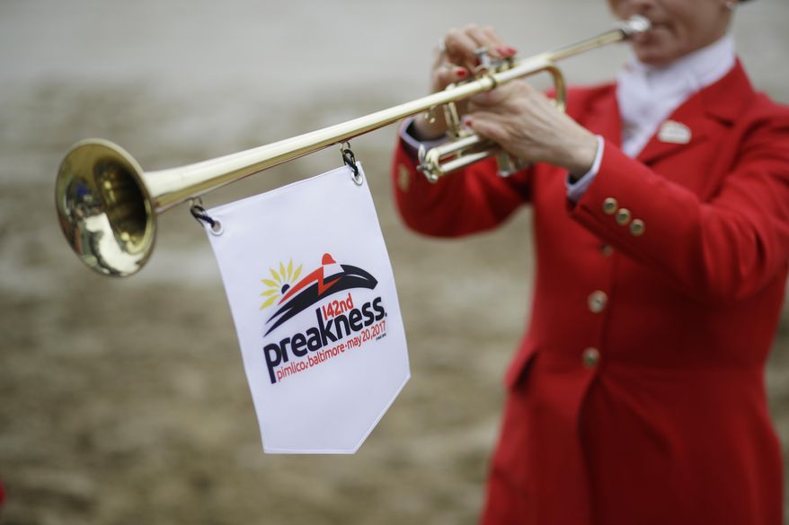 Bethann Dixon works before the second race on the track ahead of the running of the Preakness Stakes horse race at Pimlico race course, Saturday, May 20, 2017, in Baltimore. The 142nd Preakness Stakes horse race runs Saturday. (AP Photo/Patrick Semansky)