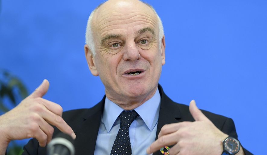 In this Jan. 26, 2017, file photo David Nabarro, U.N. secretary-general's special envoy on ebola, speaks to the media, at the World Health Organization (WHO) headquarters in Geneva, Switzerland. (Martial Trezzini/Keystone via AP) ** FILE **