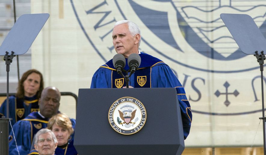 Vice President Mike Pence speaks during the 2017 commencement ceremony, Sunday, May 21, 2017, in South Bend, Ind. (Robert Franklin/South Bend Tribune via AP)