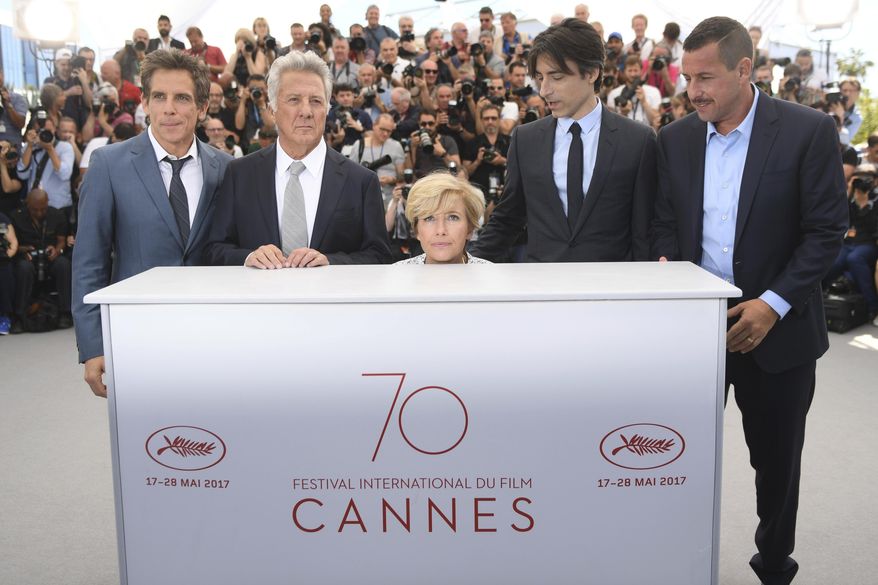 Actors Ben Stiller, from left, Dustin Hoffman, Emma Thompson, director Noah Baumbach and actor Adam Sandler pose for photographers during the photo call for the film The Meyerowitz Stories at the 70th international film festival, Cannes, southern France, Sunday, May 21, 2017. (Photo by Arthur Mola/Invision/AP)
