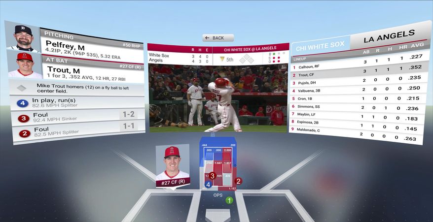 This photo provided by MLB Advanced Media shows a Stream Live MLB Games demonstration in the company&#39;s new At Bat VR app. Baseball games will soon arrive on virtual-reality headsets. Video in the new At Bat VR app won’t be in VR. Rather, the app places you behind home plate and shows you graphical depictions of each pitch, including a colored streak (red for strikes and green for balls) tracing the ball’s trajectory. Traditional TV coverage of the games will appear on a virtual screen in front of you, alongside play-by-play information and individual player stats. (MLB Advanced Media via AP)