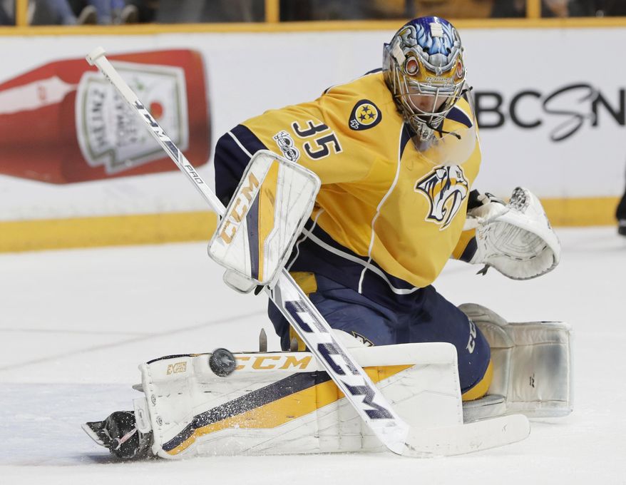 Nashville Predators goalie Pekka Rinne (35), of Finland, stops a shot against the Anaheim Ducks during the first period in Game 6 of the Western Conference final in the NHL hockey Stanley Cup playoffs Monday, May 22, 2017, in Nashville, Tenn. (AP Photo/Mark Humphrey)