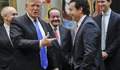 FILE - In this Jan. 24, 2017 file photo, President Donald Trump points to Ford Motors CEO Mark Fields, second right, as White House Senior Adviser Jared Kushner, right, looks on at the start of a meeting with automobile leaders in the Roosevelt Room of the White House in Washington. Ford is replacing its CEO amid questions about its current performance and future strategy, a person familiar with the situation has said. Fields will be replaced by Jim Hackett, who joined Ford&#39;s board in 2013. (AP Photo/Pablo Martinez Monsivais, File)