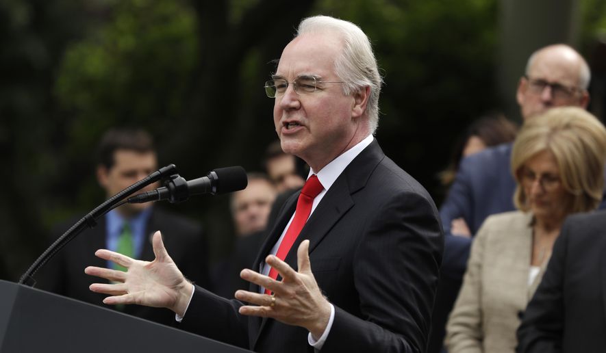 Health and Human Services Secretary Tom Price speaks in the Rose Garden of the White House in Washington, after the House pushed through a health care bill, in this Thursday, May 4, 2017, file photo. (AP Photo/Evan Vucci, File)