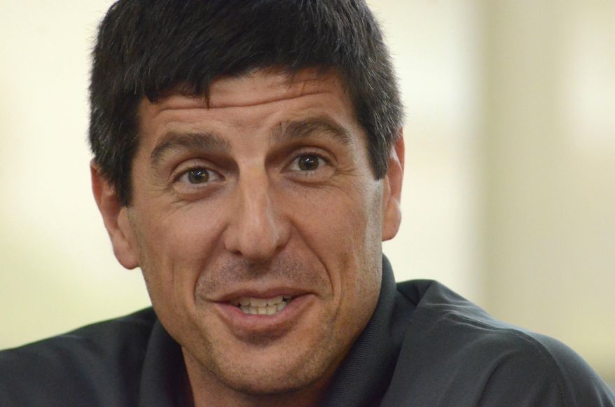 Sebastien Bellin, a former basketball player who was badly wounded in the suicide bomb attack on Brussels airport in 2016, visits Charlotte Middle School, in Charlotte, Mich., on Tuesday, May 23, 2017. Bellin, who played for Oakland University in suburban Detroit as well as the Belgian team, discussed his personal experiences in the wake of the attack. (Trace Christenson /Battle Creek Enquirer via AP)