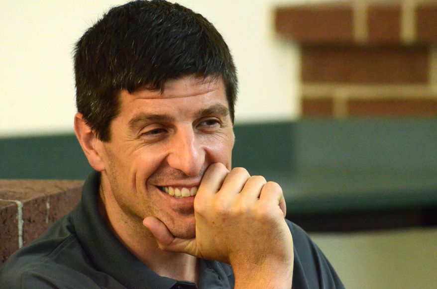 Sebastien Bellin, a former basketball player who was badly wounded in the suicide bomb attack on Brussels airport in 2016, visits Charlotte Middle School, in Charlotte, Mich., on Tuesday, May 23, 2017. Bellin, who played for Oakland University in suburban Detroit as well as the Belgian team, discussed his personal experiences in the wake of the attack. (Trace Christenson /Battle Creek Enquirer via AP)