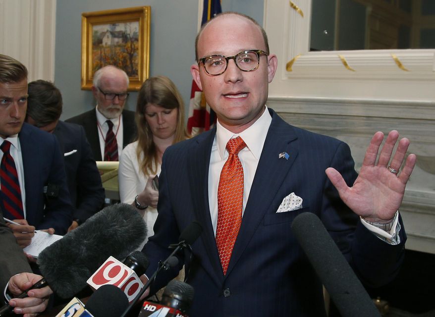 FILE - In this May 16, 2017 file photo, Oklahoma state Rep. Scott Inman, D-Oklahoma City, speaks during a news conference in Oklahoma City. Legislative negotiations on whether to increase the tax broke down this week after House Democratic Leader and a candidate for governor in 2018 Scott Inman said his members wouldn't agree to a rate lower than 5 percent on any new wells drilled. (AP Photo/Sue Ogrocki, File)