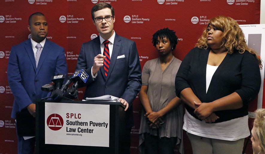 Southern Poverty Law Center senior staff attorney Will Bardwell, explains the specifics to the lawsuit filed on behalf of four African-American mothers with children in public elementary schools during a news conference in Jackson, Miss., Tuesday, May 23, 2017. Mississippi is denying good schools to African American students and violating the federal law that enabled the state to rejoin the union after the Civil War, the Southern Poverty Law Center alleged Tuesday in a lawsuit trying to strengthen constitutional protections for education. (AP Photo/Rogelio V. Solis)