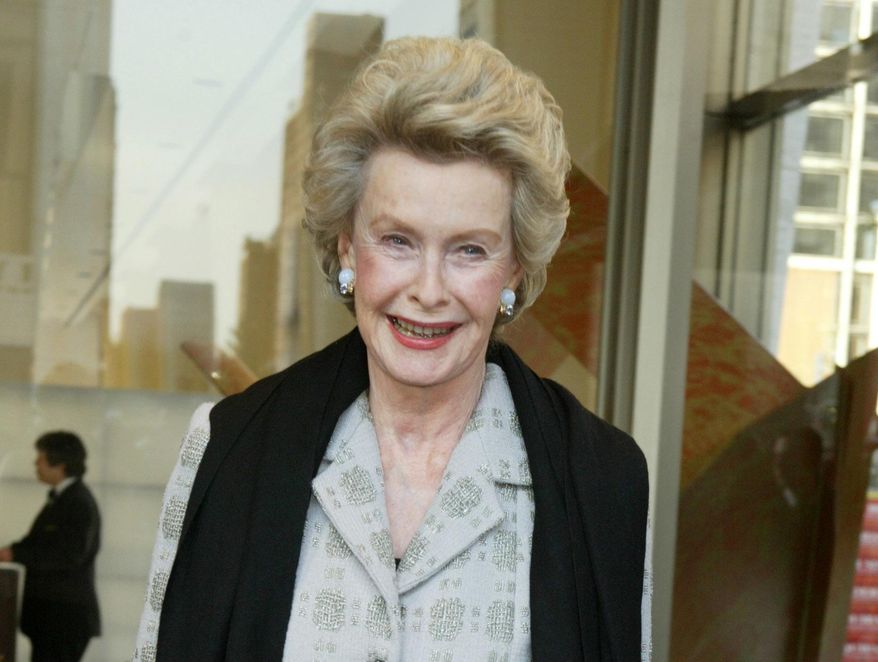 FILE - In this April 18, 2005 file photo, actress Dina Merrill arrives to the Film Society of Lincoln Center's Tribute to Dustin Hoffman in New York. Merrill, the rebellious heiress who defied her super-rich parents to become an actress, died Monday, May 22, 2017, at age 93. (AP Photo/Diane Bondareff, File)