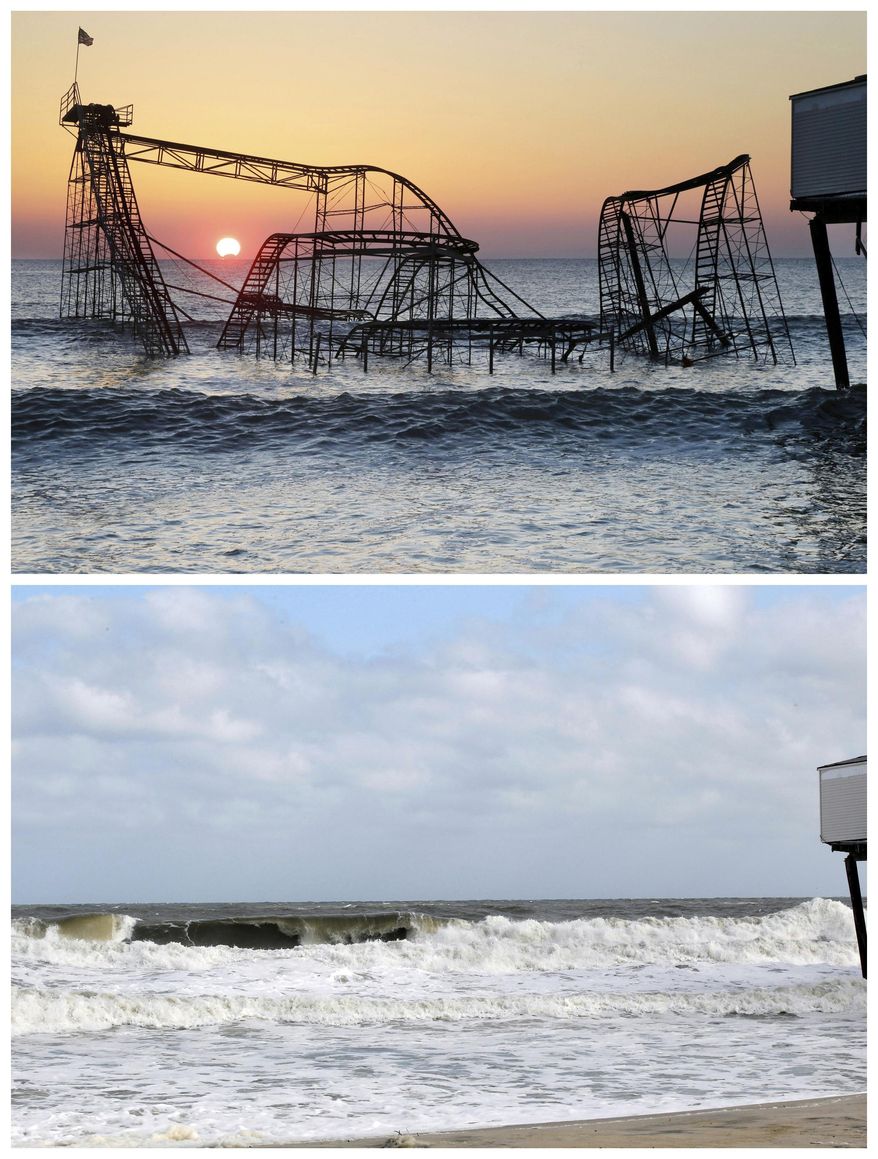 FILE – This combination of file photos shows the sun rising Feb. 25, 2013, behind the Jet Star roller coaster, partially submerged in the Atlantic Ocean after Superstorm Sandy destroyed part of the Casino Pier in Seaside Heights, N.J., and the empty site on Oct. 13, 2013, nearly a year after the storm, following the roller coaster's demolition. A new roller coaster named Hydrus, built safely inland above the beach rather than out over the water, opened May 6, 2017, more than four years after the storm caused billions of dollars' worth of damage to the coast. (AP Photo/Mel Evans, File)