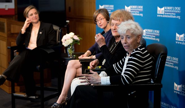 Jenny Connell Robertson (far right) whose Navy pilot husband died in captivity, and Helene Knapp (second from right), whose Air Force pilot husband is still missing in action, spoke at a May 7 event to open the exhibit, &quot;The League of Wives: Vietnam&#x27;s POW/MIA Allies and Advocates,&quot; at the Robert J. Dole Institute of Politics in Lawrence, Kansas. Heath Hardage Lee (center), curator of the exhibit, and Audrey Coleman (left), assistant director and senior archivist at the Dole Institute, joined the panel. Image courtesy of Robert J. Dole Institute of Politics.